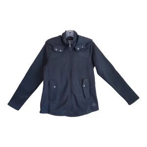 EDDIE BAUER Women's M Sweater Jacket Hooded Black Full Zip Padded Elbows 36"